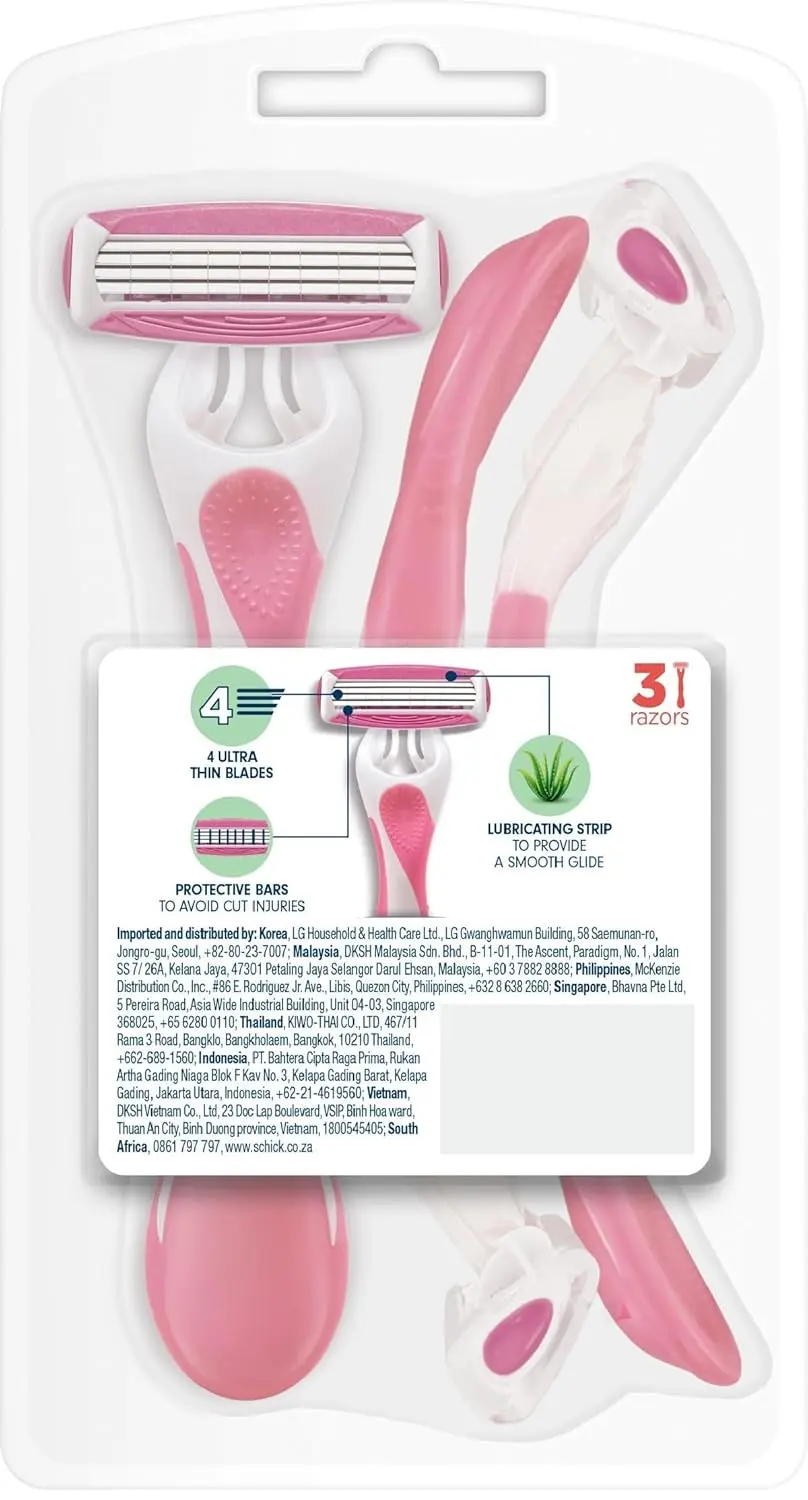 Schick Quattro disposable razors for women provide a smooth shave with 4 ultra-thin blades, aloe, and vitamin E conditioning strips, perfect for sensitive skin and travel.