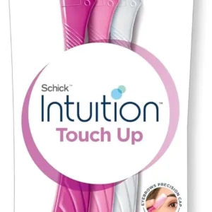 The Schick Intuition Touch-Up Dermaplaning Tool with its precision cover quickly shapes eyebrows, removes fine hairs, and smooths skin by gently exfoliating, perfect for on-the-go touch-ups.