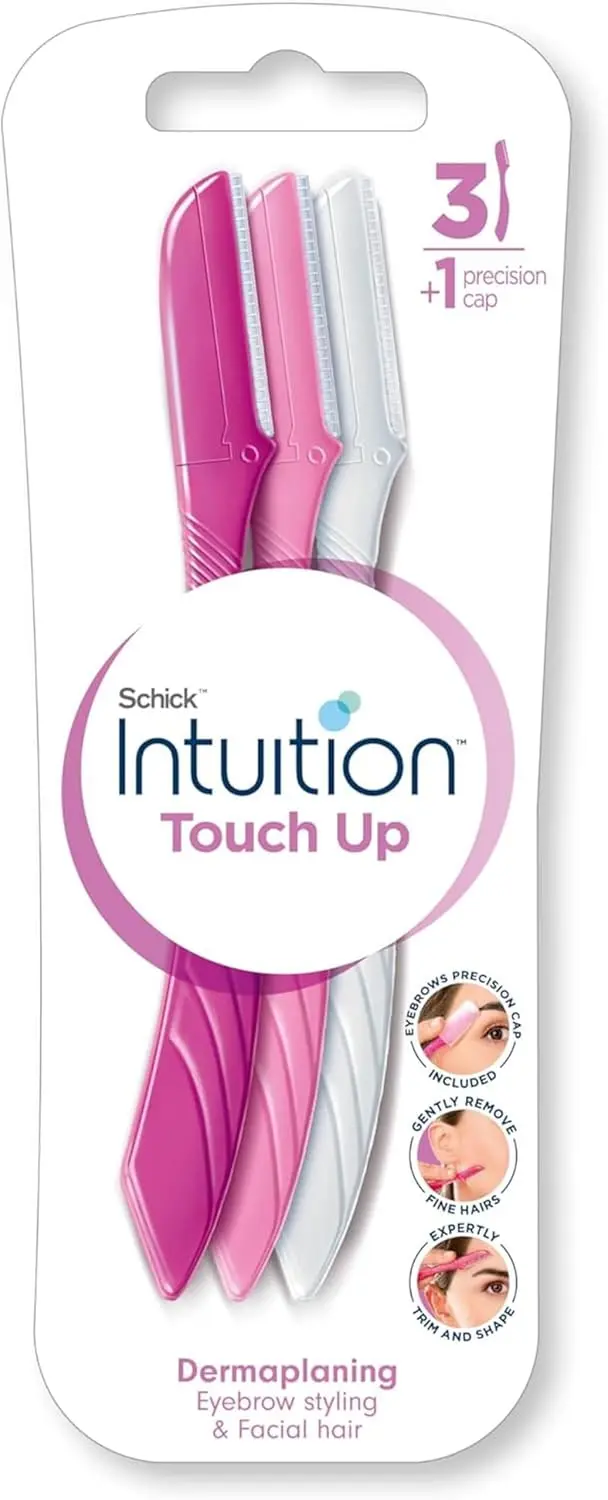 The Schick Intuition Touch-Up Dermaplaning Tool with its precision cover quickly shapes eyebrows, removes fine hairs, and smooths skin by gently exfoliating, perfect for on-the-go touch-ups.