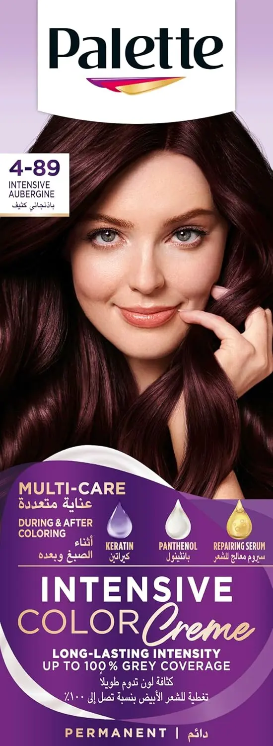 Schwarzkopf Palette Intensive Color Creme in Intensive Aubergine 4-89 provides long-lasting, anti-fade aubergine color with perfect grey coverage and extra care from Keratin, Panthenol, and Nutri-oil.