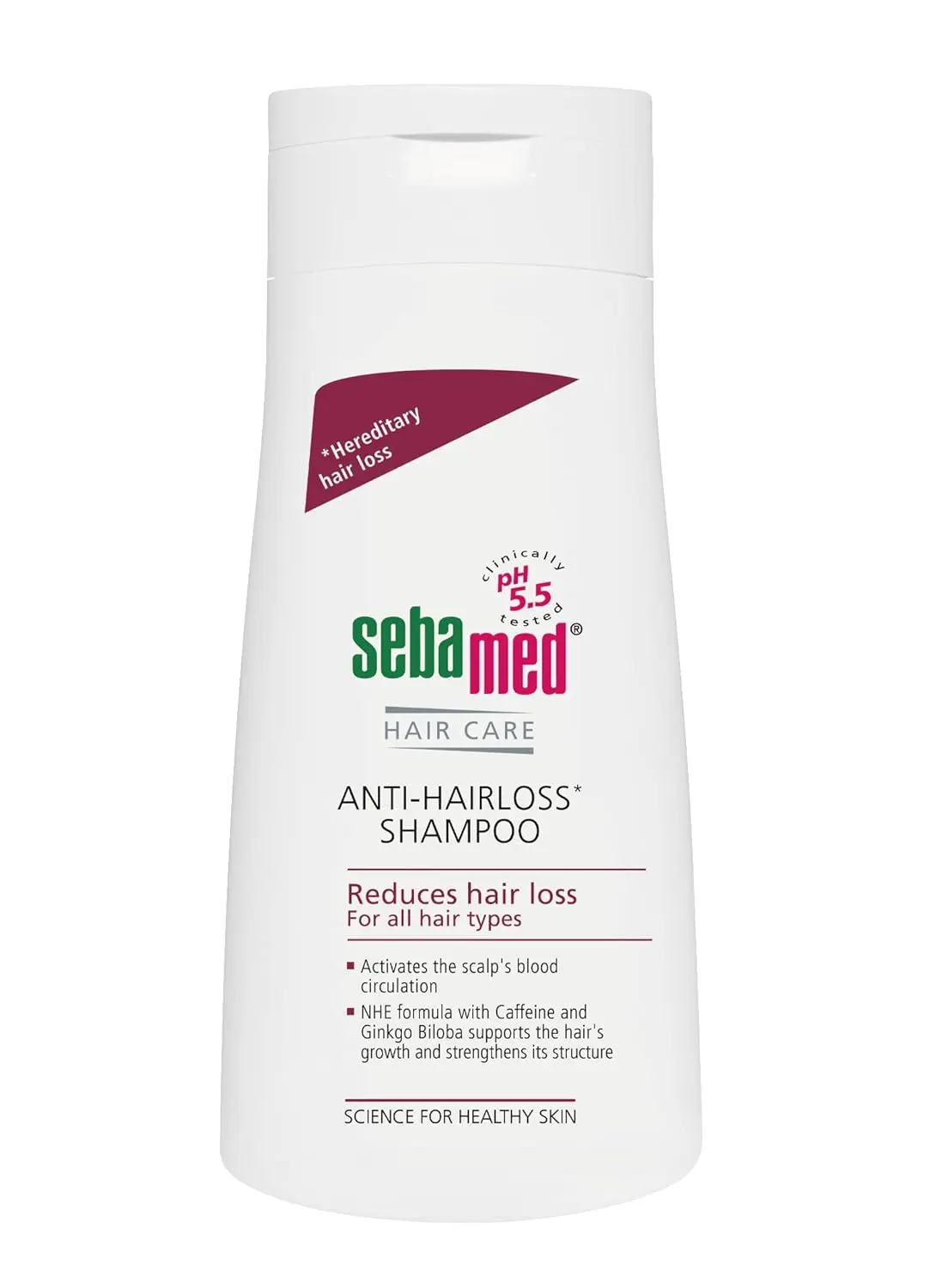 Bottle of Sebamed Anti Hair Loss Shampoo, a 400 ml shampoo suitable for all hair types.