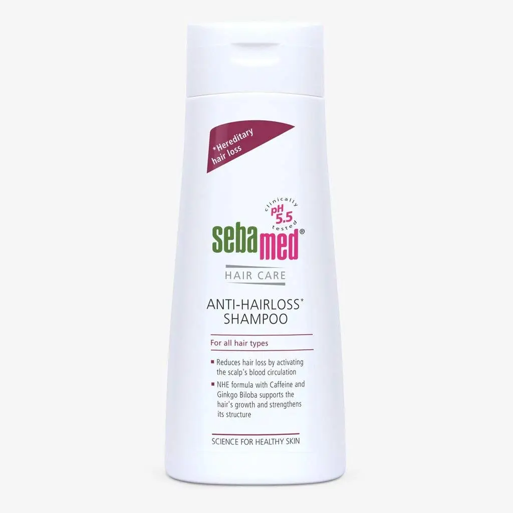 Bottle of Sebamed Anti Hair Loss Shampoo, a 400 ml shampoo suitable for all hair types.