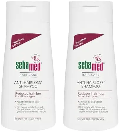 Bottle of Sebamed Anti Hair Loss Shampoo, a 400 ml shampoo suitable for all hair types.