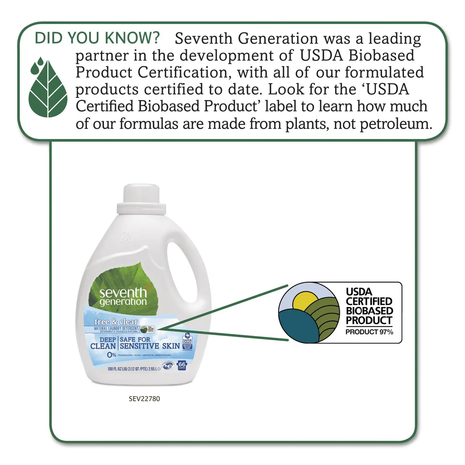 Seventh Generation Free & Clear laundry detergent in a 100 oz bottle, formulated for sensitive skin and effective on tough stains without dyes or fragrances.