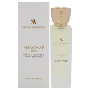 Swiss Arabian Shaghaf Oud Hair Mist with saffron, rose, praline, vanilla, and oud fragrance for a gourmand scent.