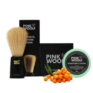 Pink Woolf shaving combo includes a soft bristle brush and seabuckthorn & aloe vera shaving soap for a rich, energizing lather and a true wet shave.