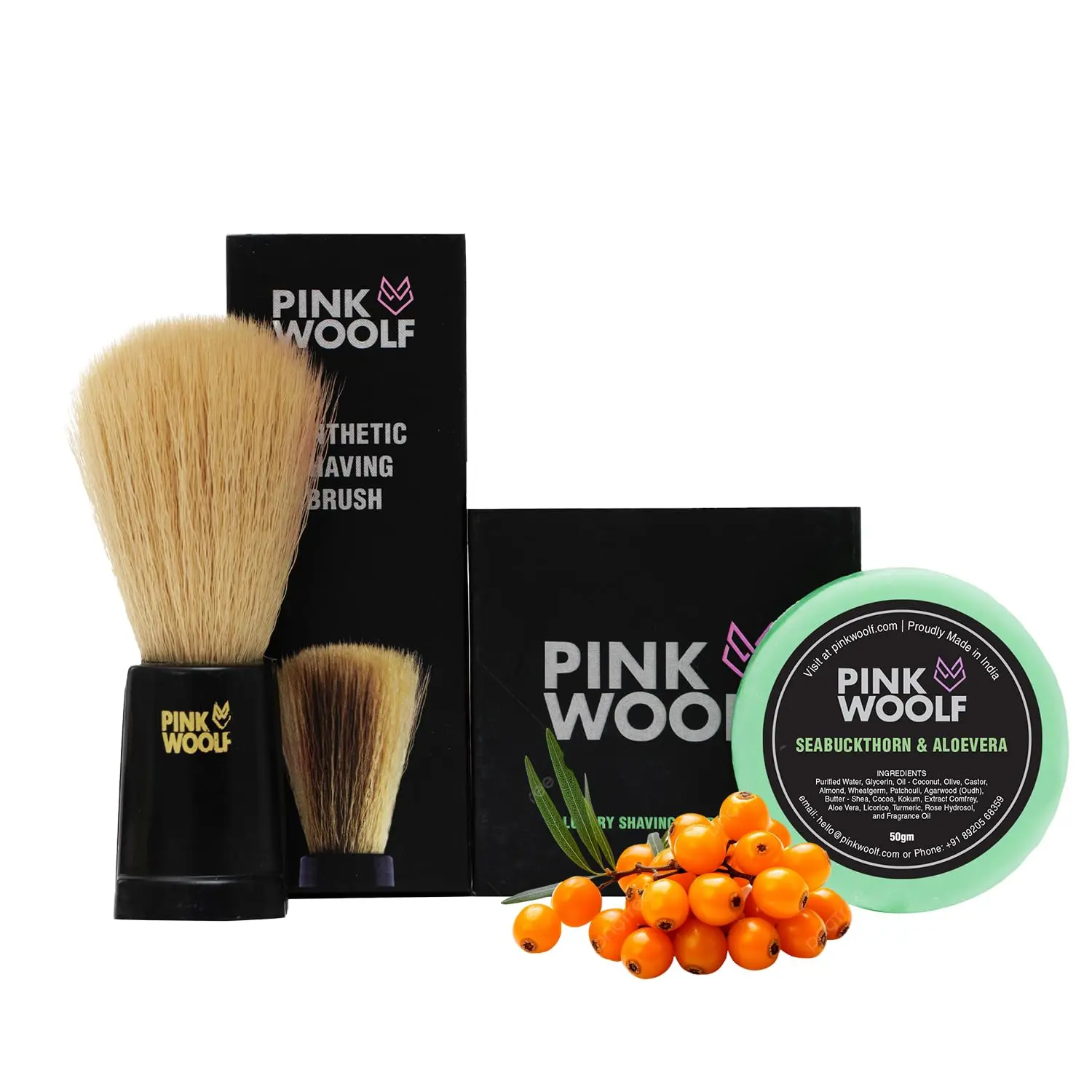 Pink Woolf shaving combo includes a soft bristle brush and seabuckthorn & aloe vera shaving soap for a rich, energizing lather and a true wet shave.