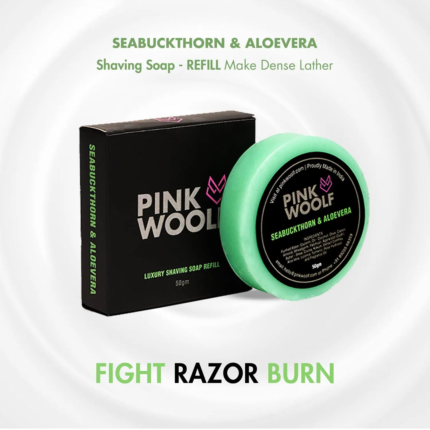 Pink Woolf shaving combo includes a soft bristle brush and seabuckthorn & aloe vera shaving soap for a rich, energizing lather and a true wet shave.