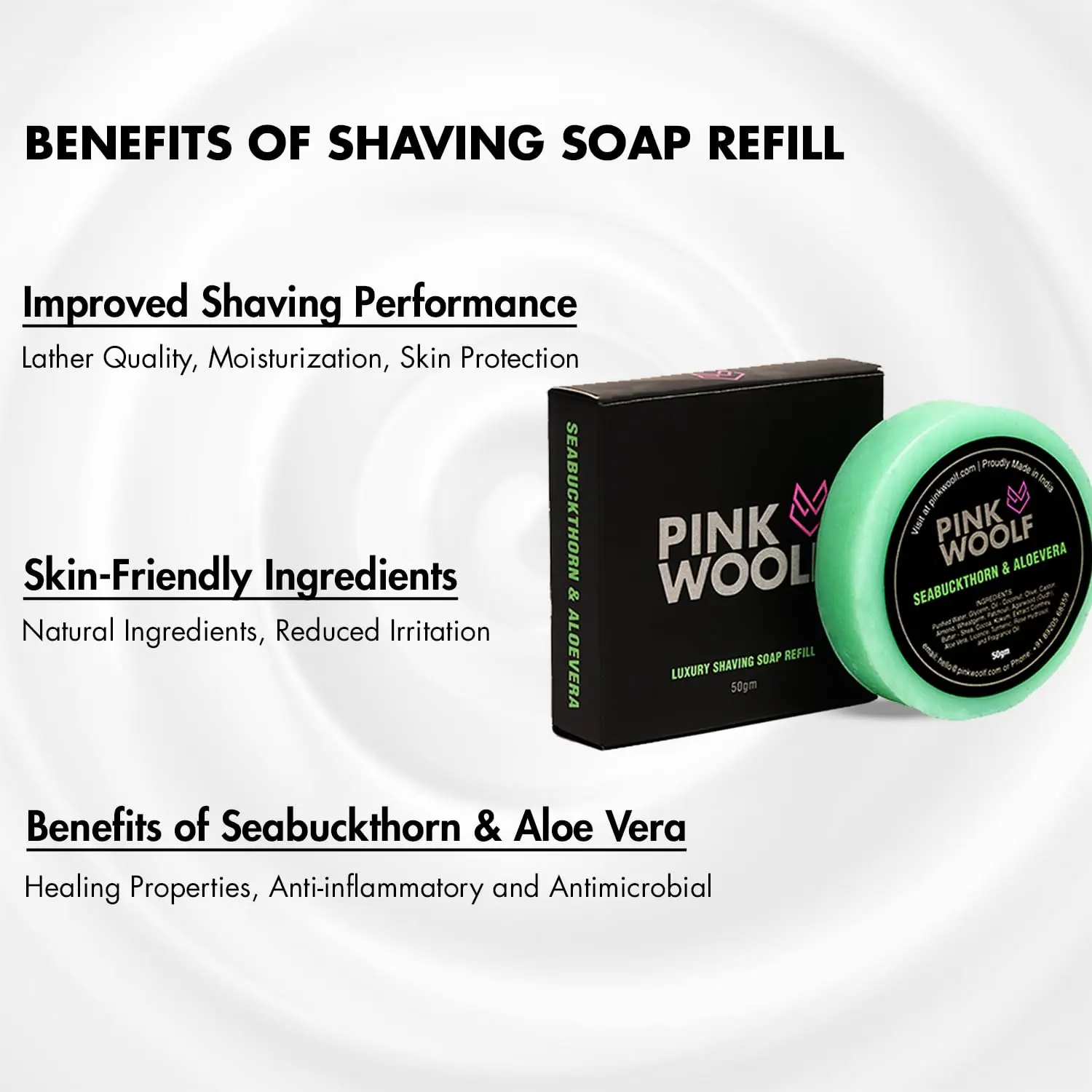 Pink Woolf shaving combo includes a soft bristle brush and seabuckthorn & aloe vera shaving soap for a rich, energizing lather and a true wet shave.