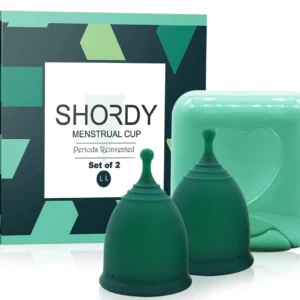 This image shows a green Shordy reusable menstrual cup, a safe and cost-effective alternative to pads and tampons, designed for heavy flow with body-safe silicone.