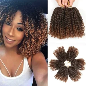 Six bundles of 8-inch ombre short marlybob crochet hair, made of synthetic Kanekalon fiber, featuring a kinky curly texture perfect for black women.