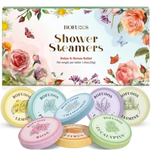 This set of eight aromatherapy shower bombs, with cedar wood, sandalwood, eucalyptus, and peppermint fragrances, offers a relaxing shower experience and stress relief, making it a perfect gift for women.