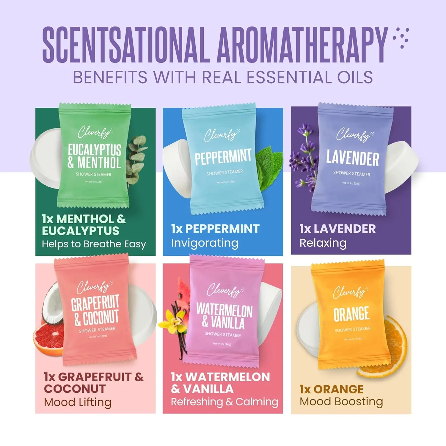 This aromatherapy shower bombs gift set includes six shower steamers with essential oils for a relaxing home spa experience and sinus relief.