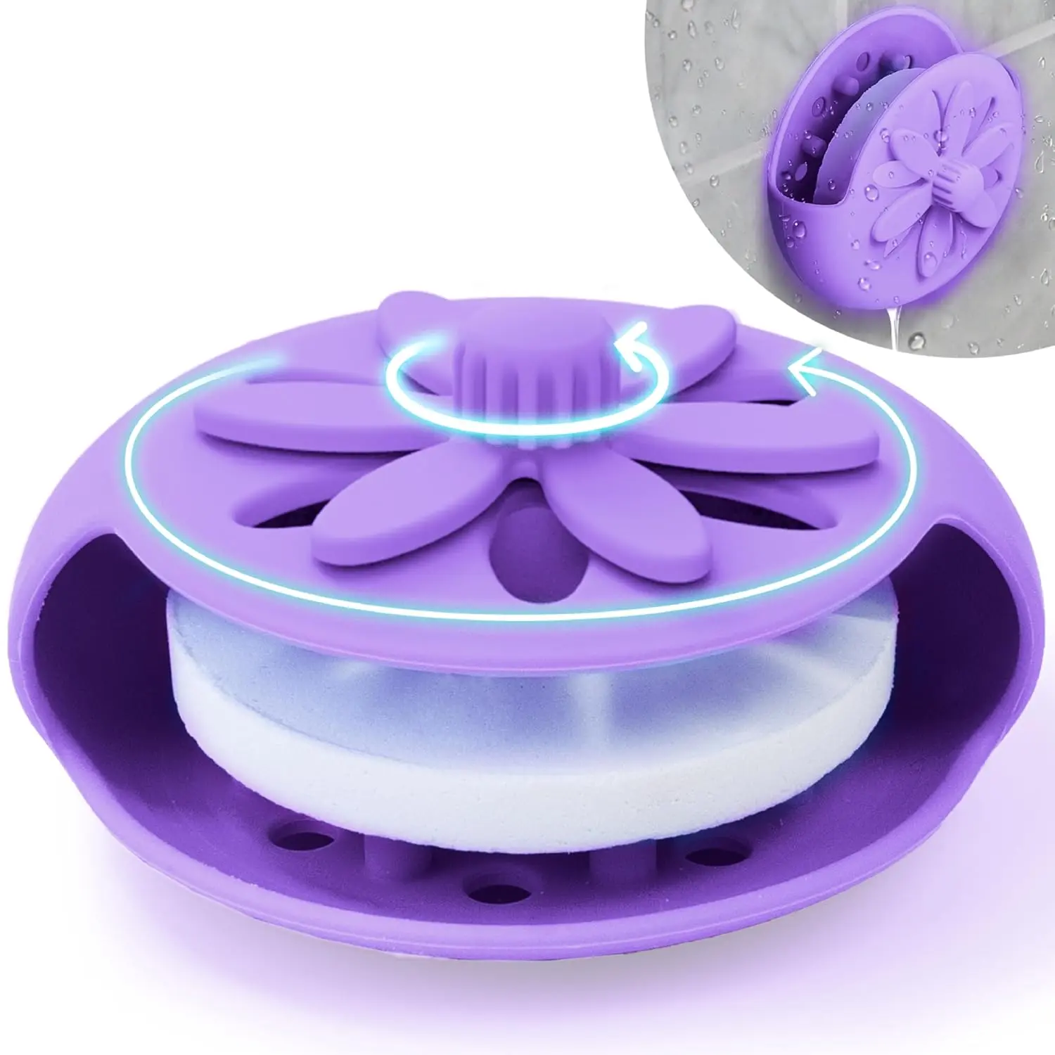 Purple floral shower steamer holder with suction cup, designed for long-lasting aroma and use with various shower steamer shapes in the bathroom.
