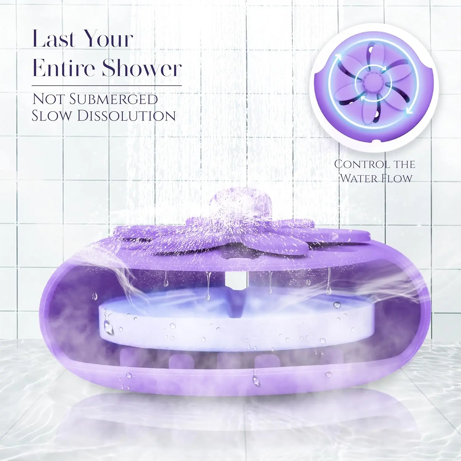 Purple floral shower steamer holder with suction cup, designed for long-lasting aroma and use with various shower steamer shapes in the bathroom.