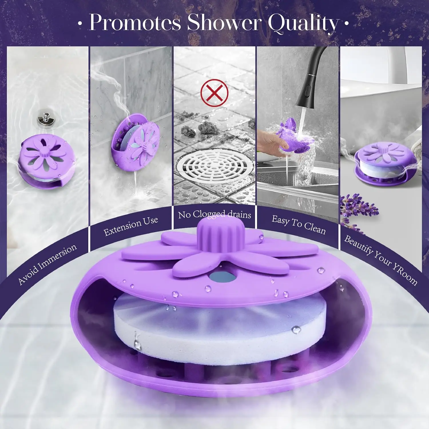 Purple floral shower steamer holder with suction cup, designed for long-lasting aroma and use with various shower steamer shapes in the bathroom.