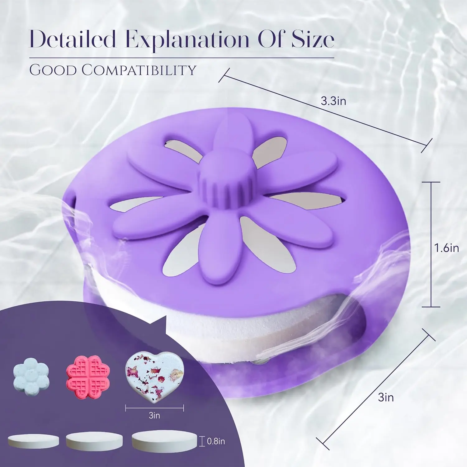 Purple floral shower steamer holder with suction cup, designed for long-lasting aroma and use with various shower steamer shapes in the bathroom.