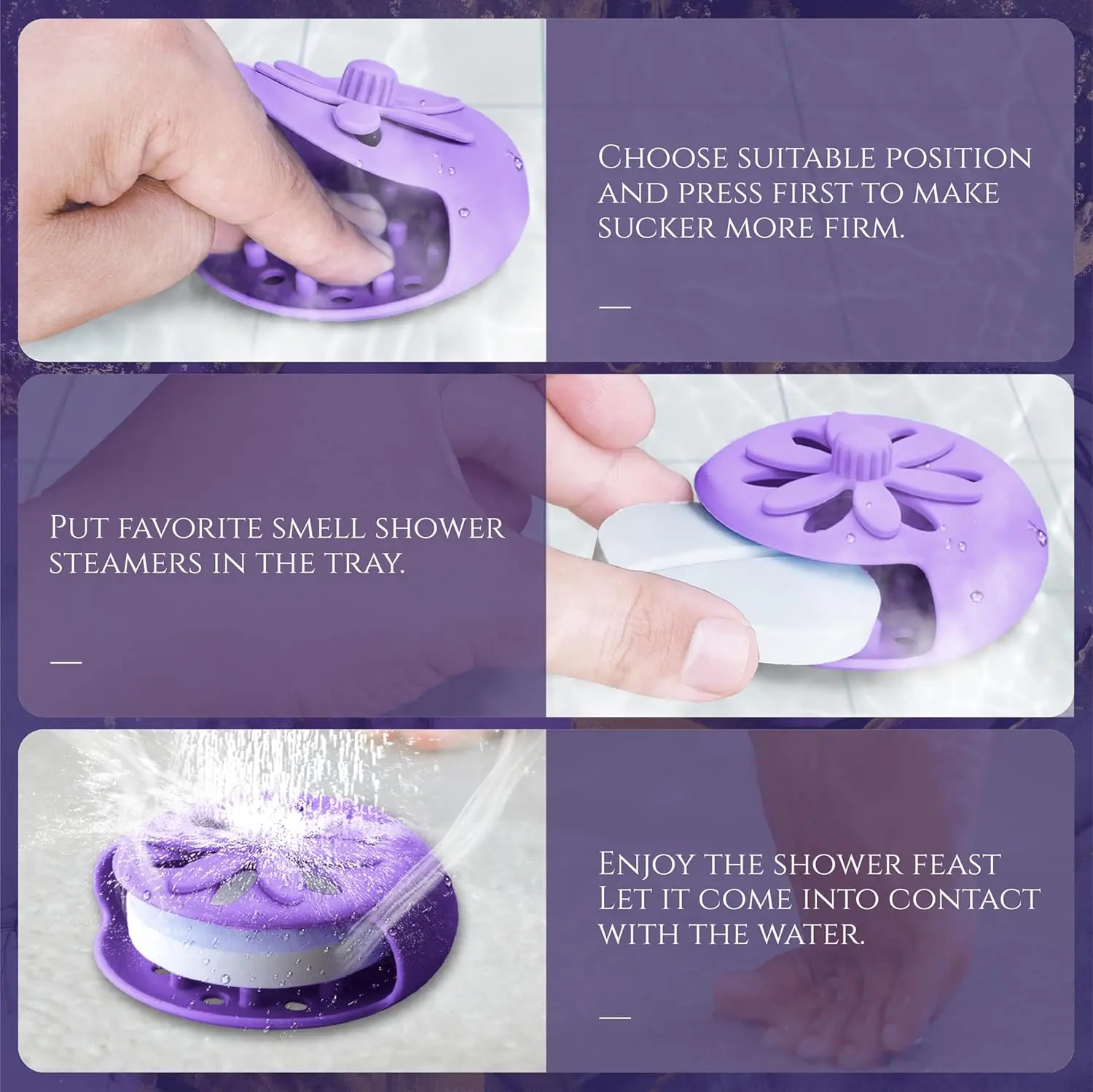 Purple floral shower steamer holder with suction cup, designed for long-lasting aroma and use with various shower steamer shapes in the bathroom.