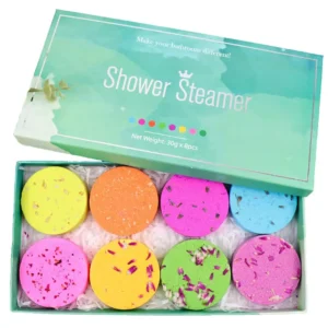 This aromatherapy shower bombs set includes eight shower steamers with essential oils, offering a relaxing spa experience at home with fragrances like lavender, eucalyptus, and rose.