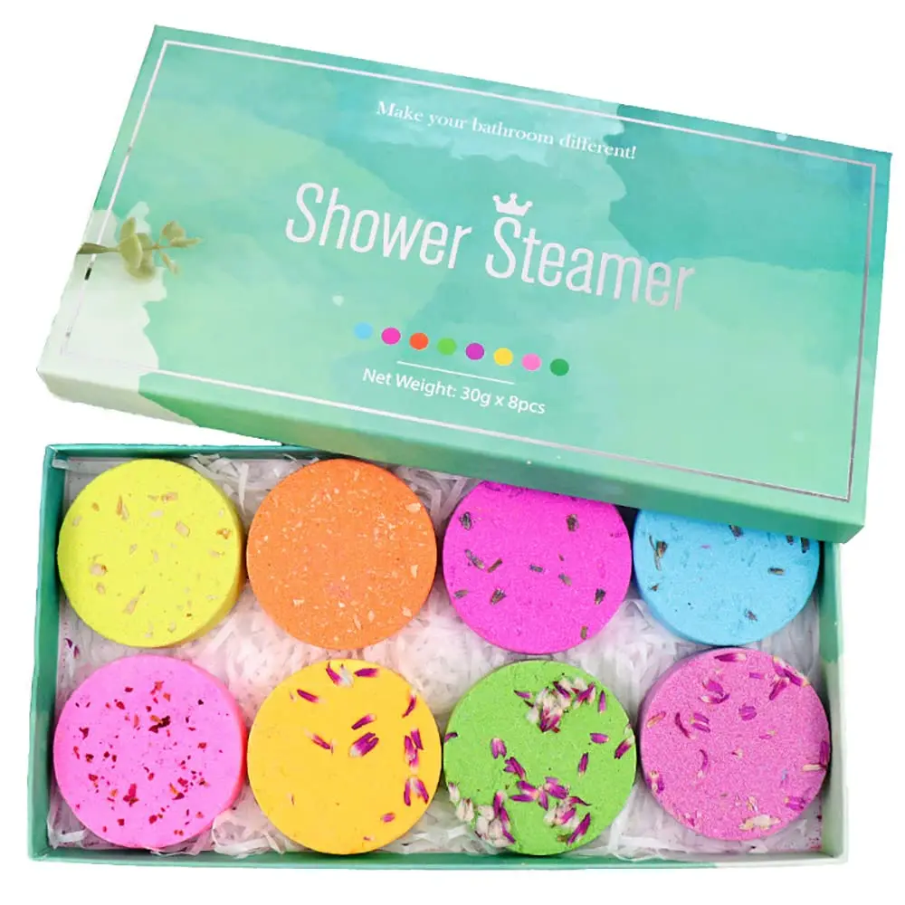 This aromatherapy shower bombs set includes eight shower steamers with essential oils, offering a relaxing spa experience at home with fragrances like lavender, eucalyptus, and rose.