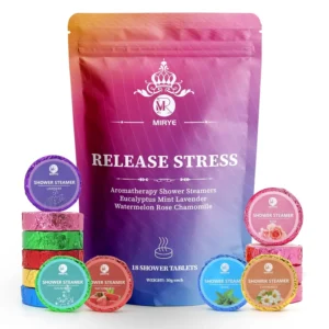 This aromatherapy shower steamers gift set includes 18 organic shower bombs with essential oils like chamomile, rose, lavender, mint, watermelon, and eucalyptus for a relaxing spa experience.