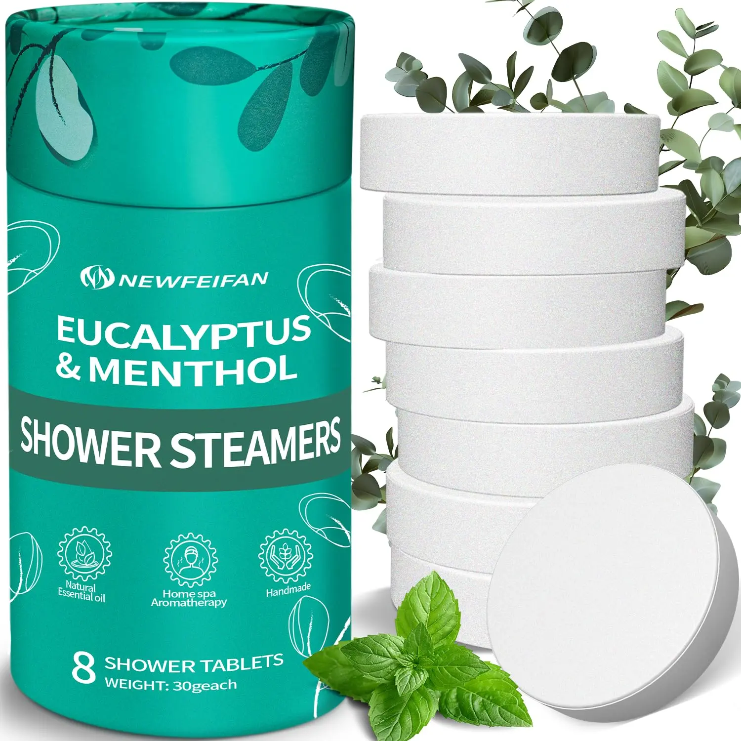 This aromatherapy shower steamer set contains eight eucalyptus and mint tablets for a spa-like experience, perfect for relaxation and travel.