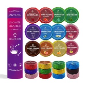 Twelve aromatherapy shower steamers individually wrapped for freshness and presented as a self care gift box, ideal for stress relief and relaxation in the shower.