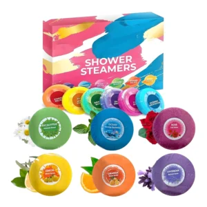 A six-pack of shower aromatherapy tablets with relaxing scents such as lavender, eucalyptus, and peppermint to create a home spa experience and offer deep relaxation.