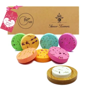 This 8-pack of aromatherapy shower steamers offers organic essential oil scents for stress relief and a relaxing home spa experience, making it a perfect gift for women.