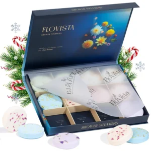 This image shows a beautifully packaged 12-pack of Flovista shower steamers with lavender and eucalyptus essential oils, perfect as relaxing spa gifts for women.