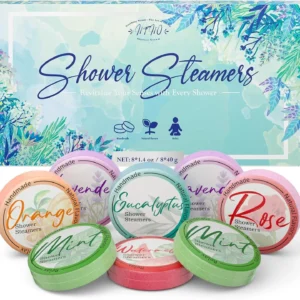 Eight aromatherapy shower steamers in various scents like lavender, mint, eucalyptus, and rose offer a relaxing spa-like experience at home, promoting self care and stress relief.