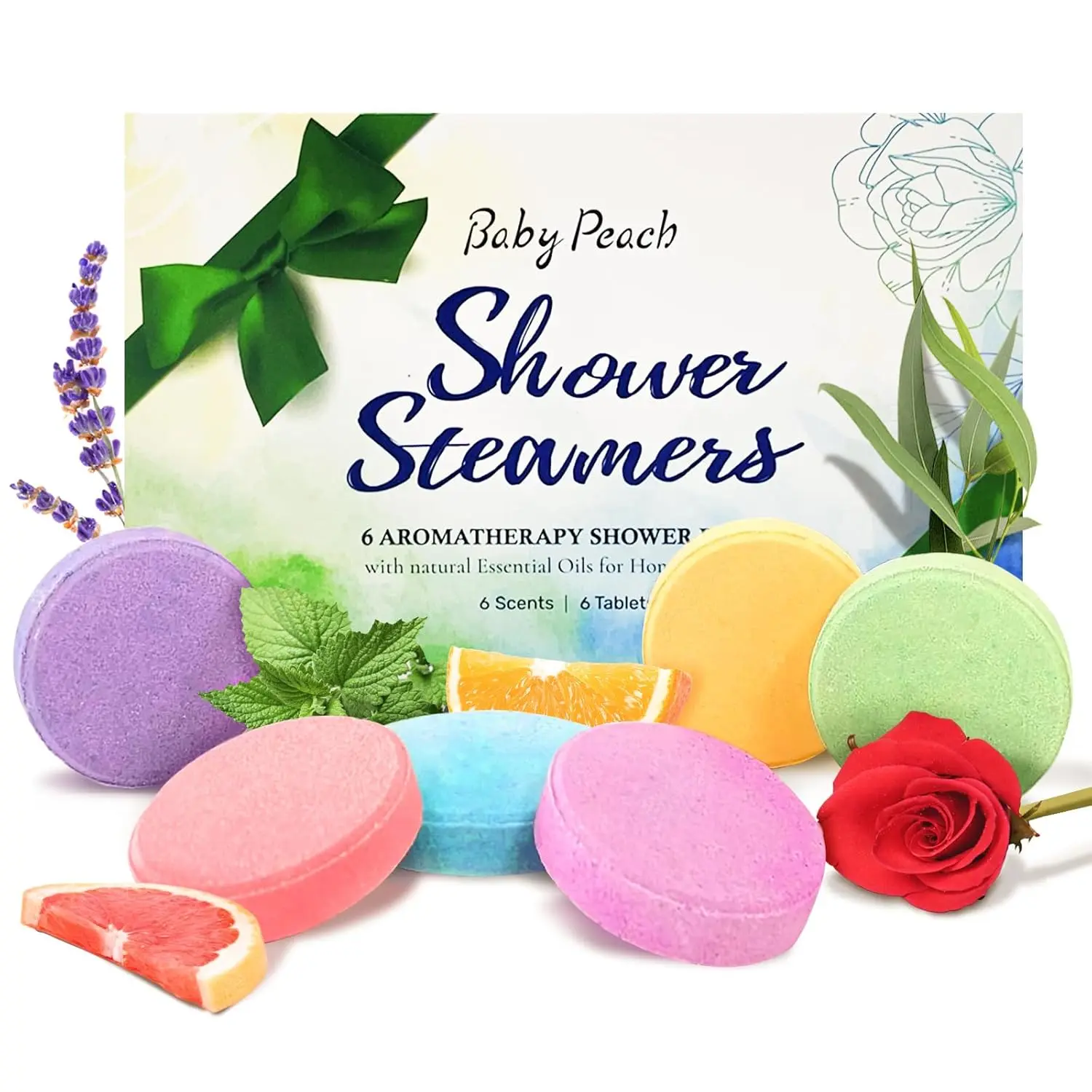 Six natural shower steamers aromatherapy tablets with essential oils for a relaxing spa experience at home.