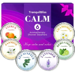 This 6-pack of TranquilBliss aromatherapy shower steamers offers a long-lasting fragrance with lavender, citrus, chamomile, bergamot, eucalyptus, and jasmine scents for a soothing shower experience.