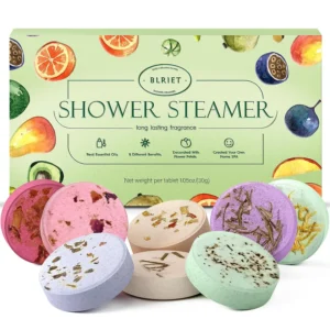 This image shows an 8-pack of aromatherapy shower steamers in a beautifully designed package, perfect as a gift for women who enjoy a relaxing and natural spa experience.