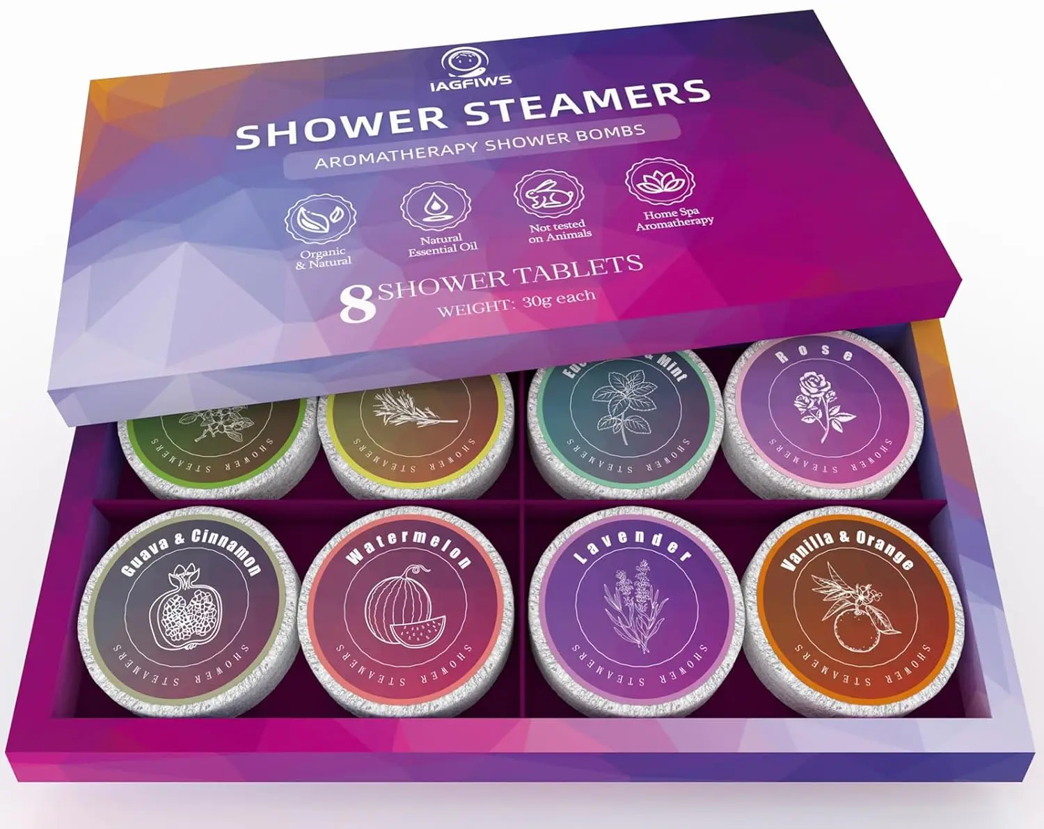 This aromatherapy shower steamer set includes eight individually wrapped shower bombs made with natural essential oils like eucalyptus, lavender, rose, and vanilla to create a relaxing home spa experience.