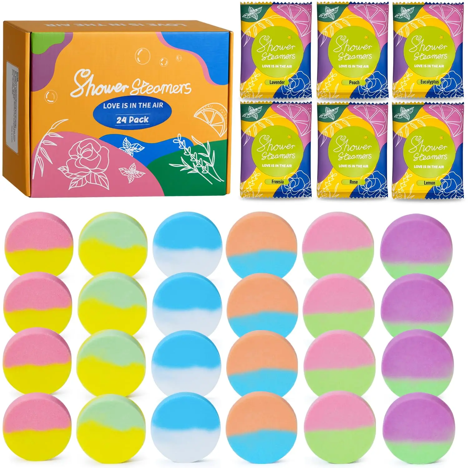 This 24 pack of aromatherapy shower steamers offers six different natural essential oil fragrances like lavender, rose, and eucalyptus for a spa-like and relaxing shower experience.