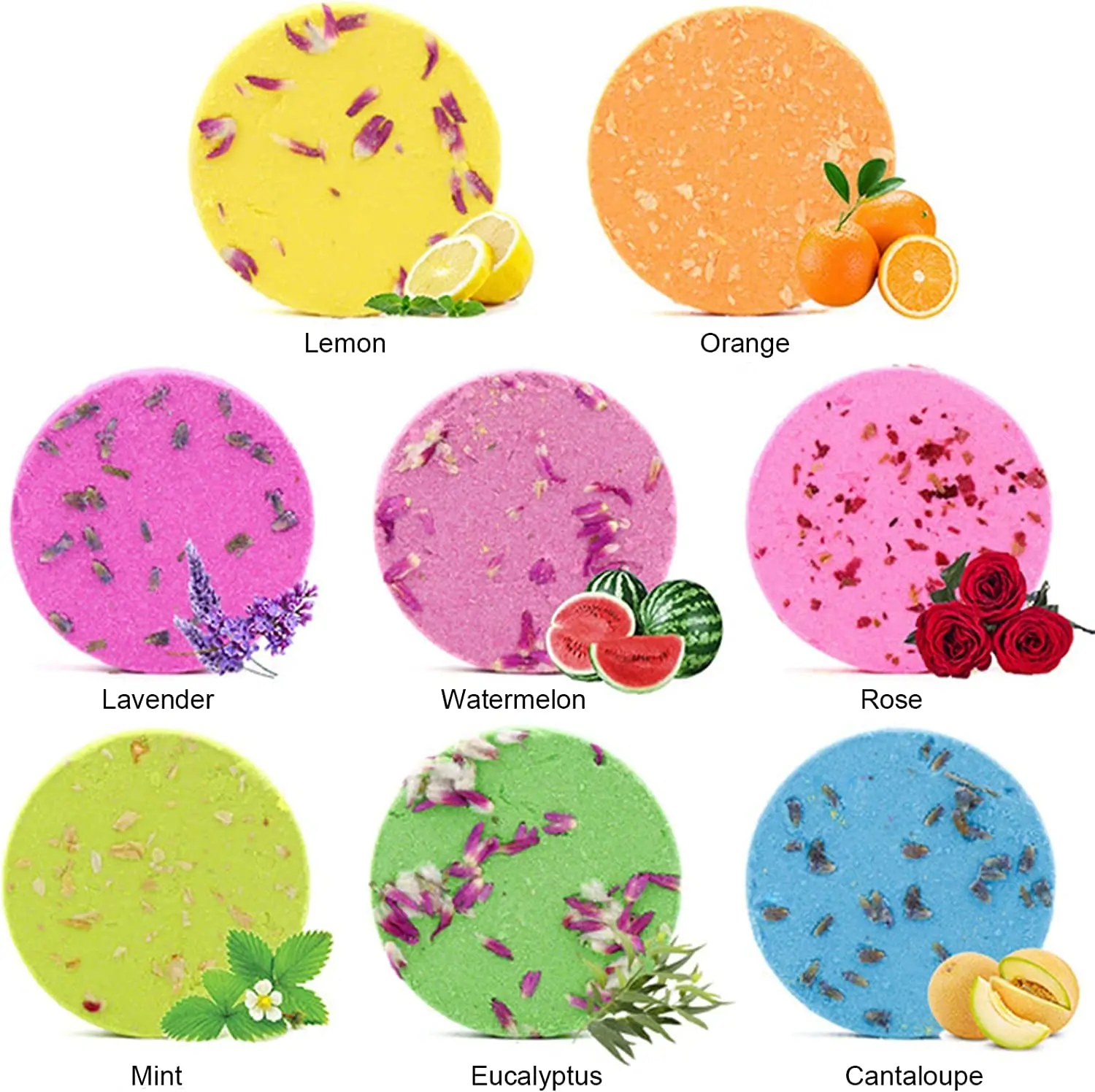 This aromatherapy shower bombs set includes eight shower steamers with essential oils, offering a relaxing spa experience at home with fragrances like lavender, eucalyptus, and rose.