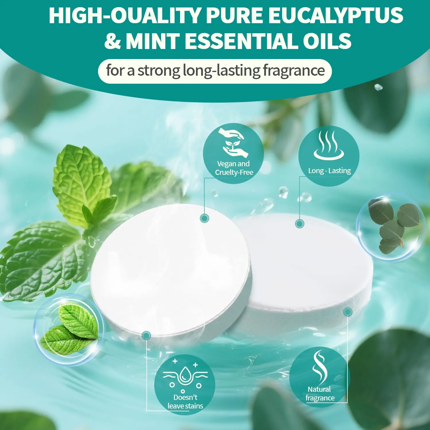 This aromatherapy shower steamer set contains eight eucalyptus and mint tablets for a spa-like experience, perfect for relaxation and travel.