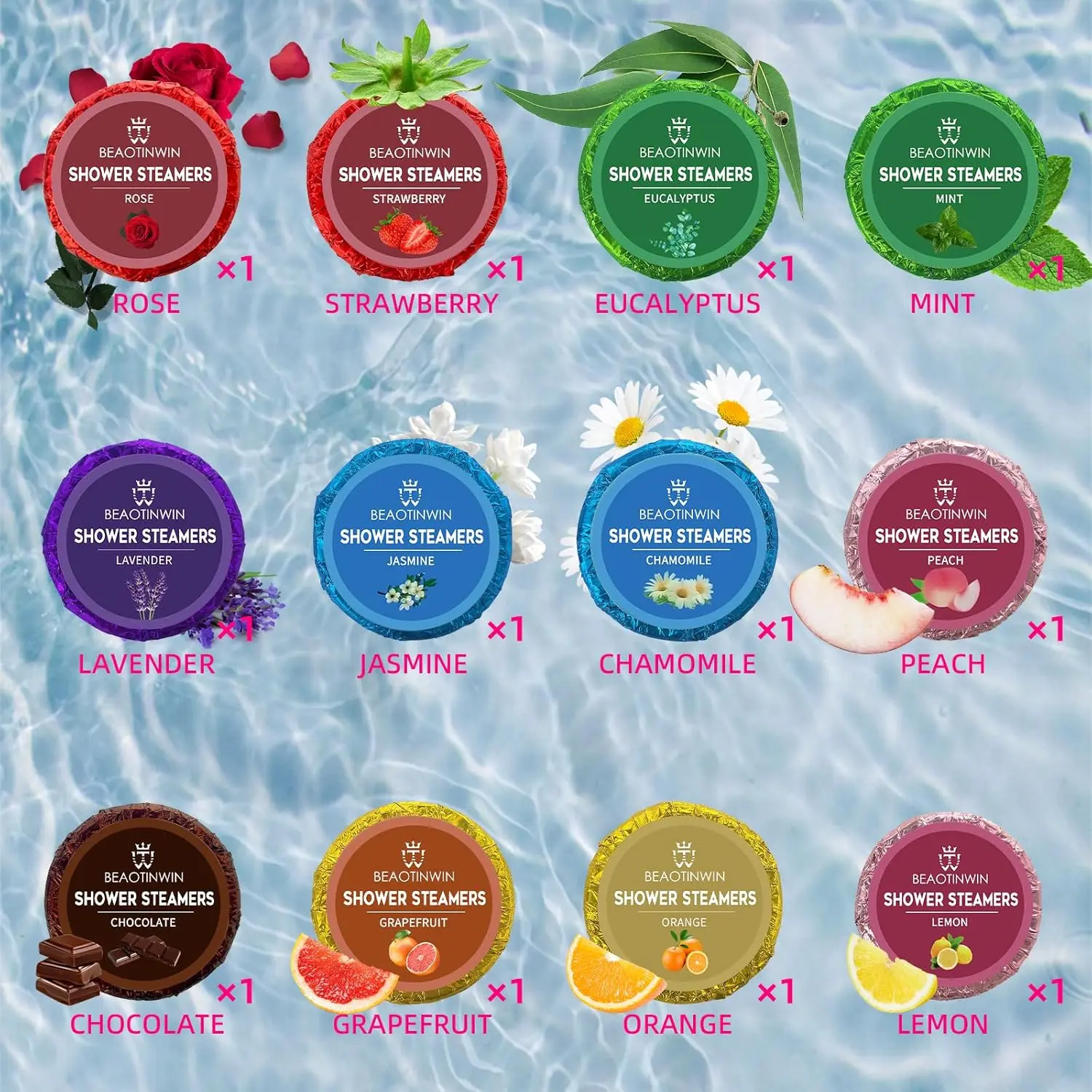 Twelve aromatherapy shower steamers individually wrapped for freshness and presented as a self care gift box, ideal for stress relief and relaxation in the shower.