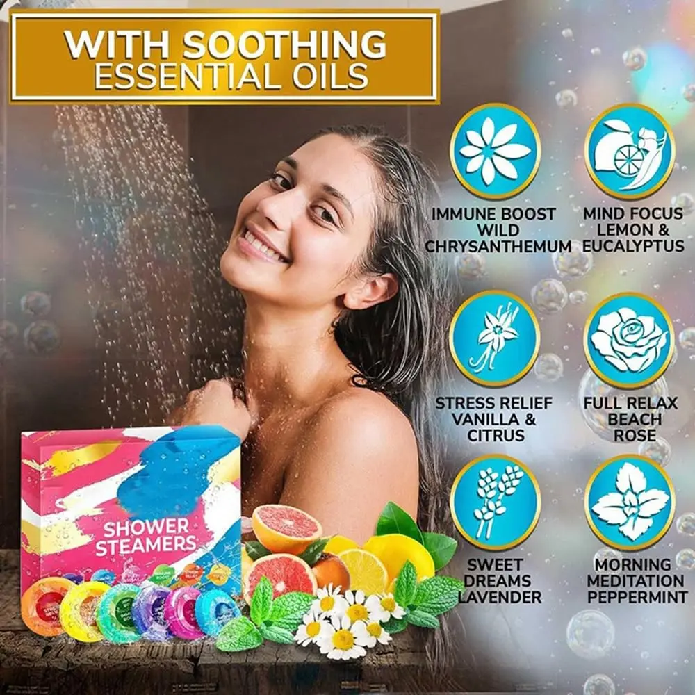 A six-pack of shower aromatherapy tablets with relaxing scents such as lavender, eucalyptus, and peppermint to create a home spa experience and offer deep relaxation.