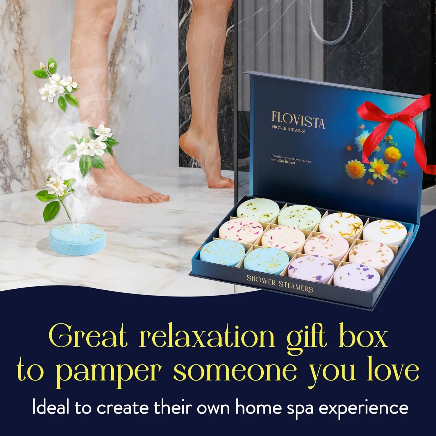 This image shows a beautifully packaged 12-pack of Flovista shower steamers with lavender and eucalyptus essential oils, perfect as relaxing spa gifts for women.