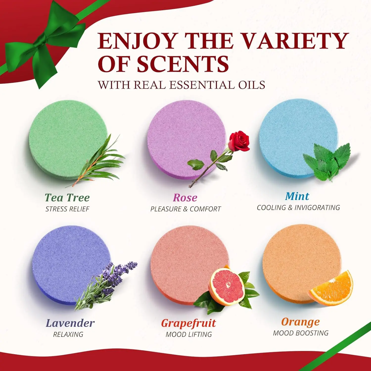 Six natural shower steamers aromatherapy tablets with essential oils for a relaxing spa experience at home.