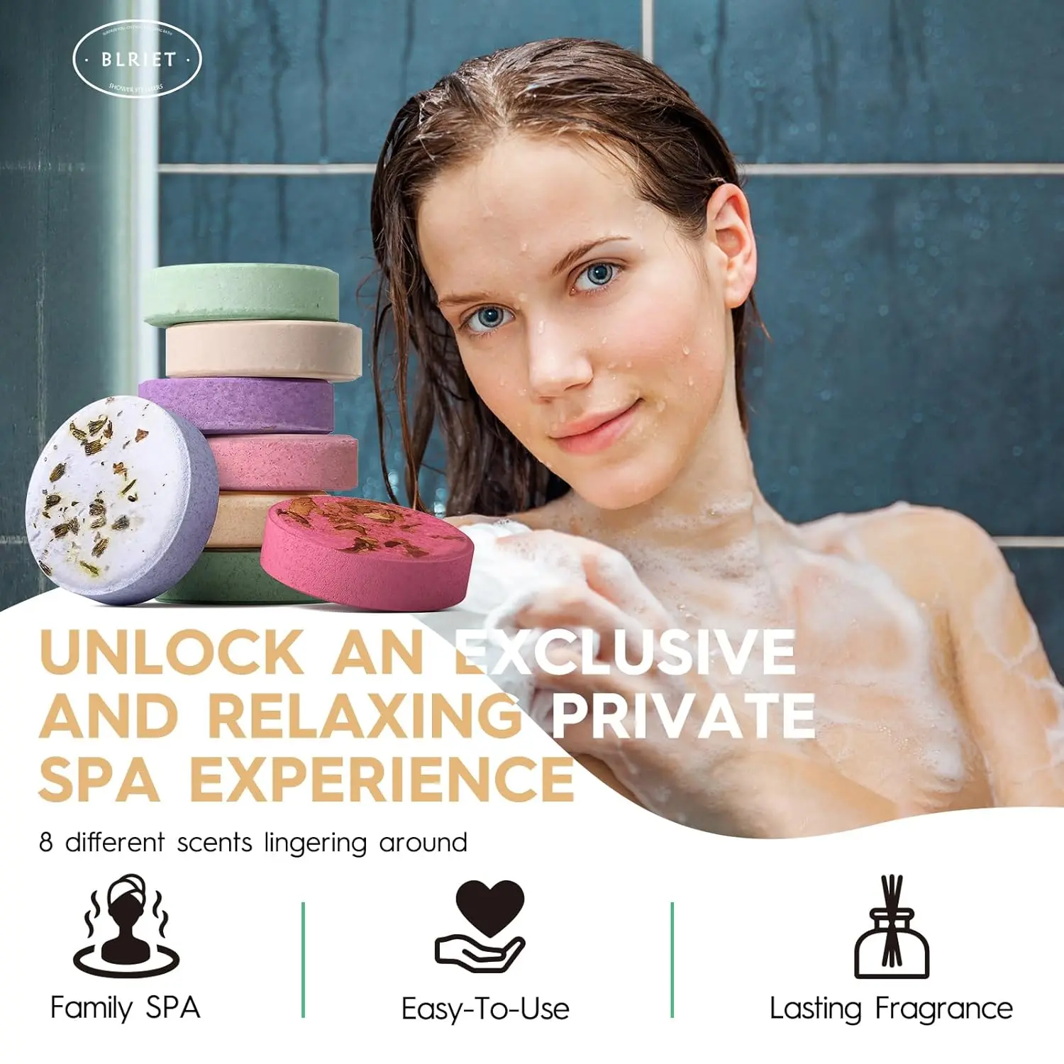 This image shows an 8-pack of aromatherapy shower steamers in a beautifully designed package, perfect as a gift for women who enjoy a relaxing and natural spa experience.