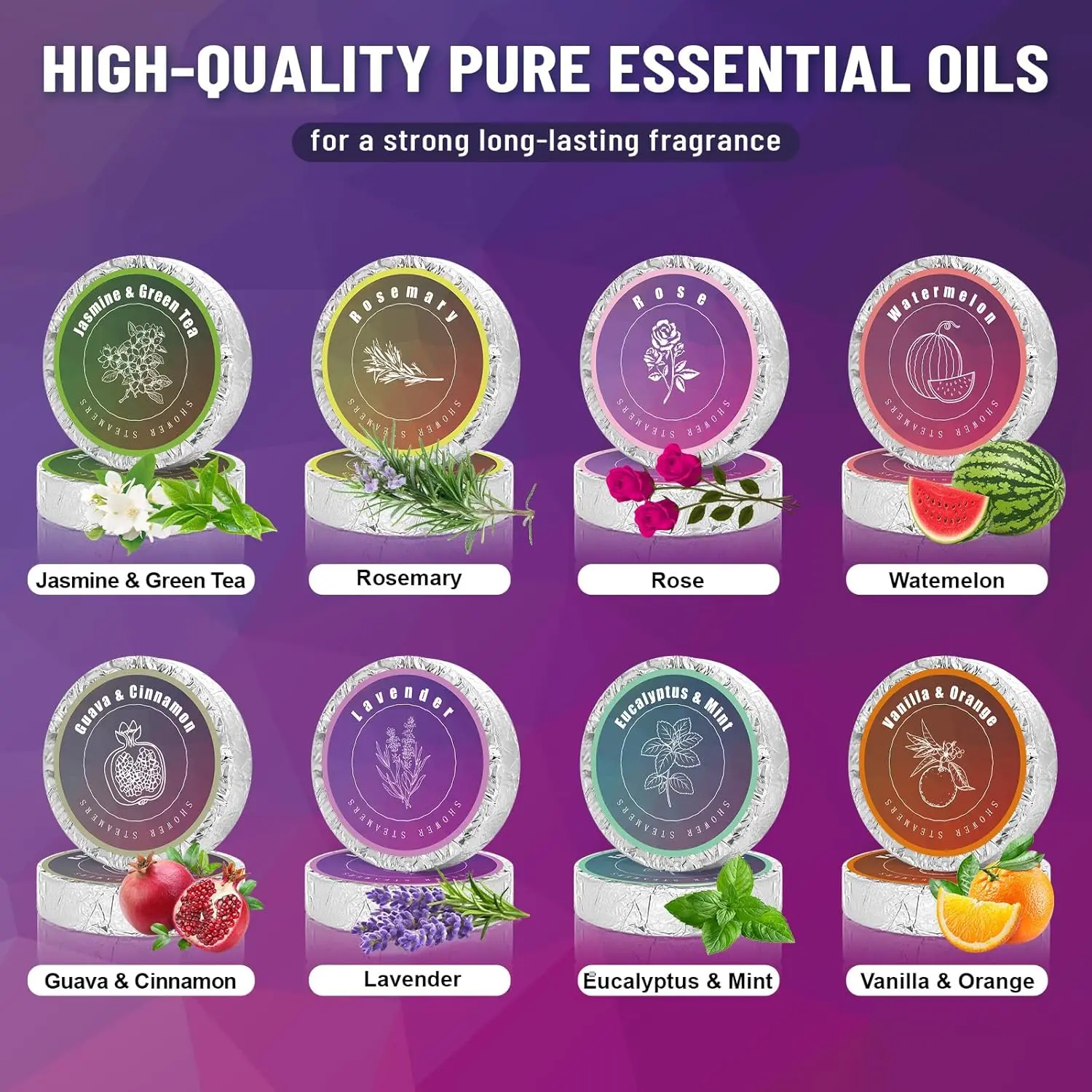 This aromatherapy shower steamer set includes eight individually wrapped shower bombs made with natural essential oils like eucalyptus, lavender, rose, and vanilla to create a relaxing home spa experience.