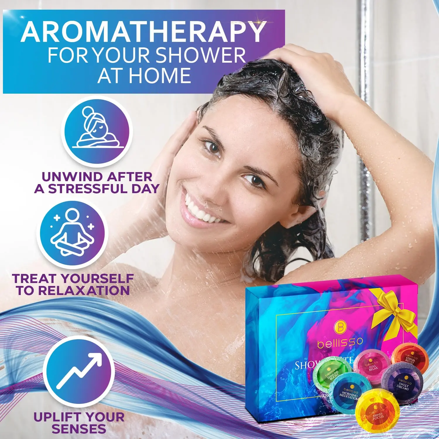 This set of six Bellisso aromatherapy shower steamers with essential oils offers a spa-like experience and stress relief, making it the perfect self-care gift for women who enjoy relaxing shower bombs.