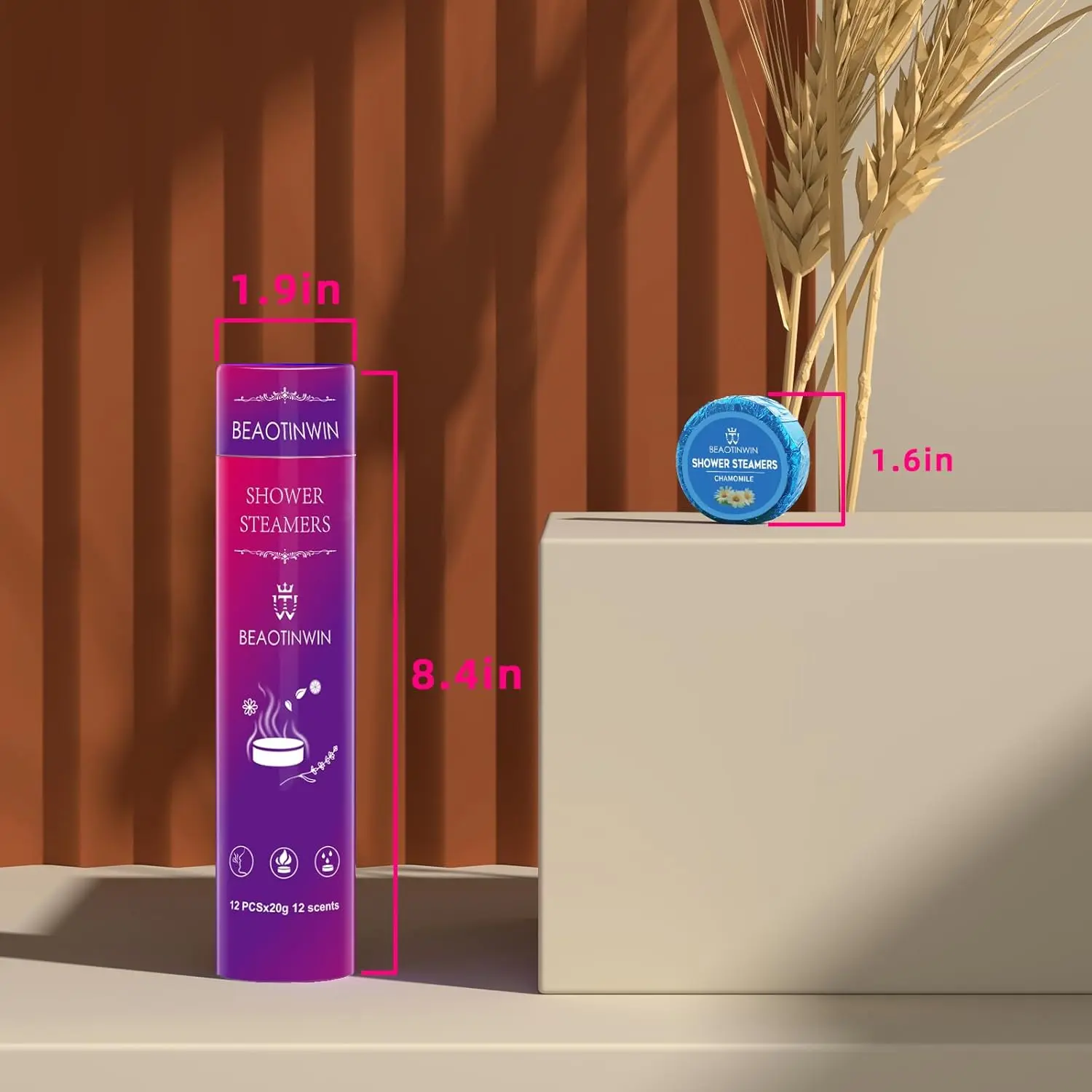 Twelve aromatherapy shower steamers individually wrapped for freshness and presented as a self care gift box, ideal for stress relief and relaxation in the shower.