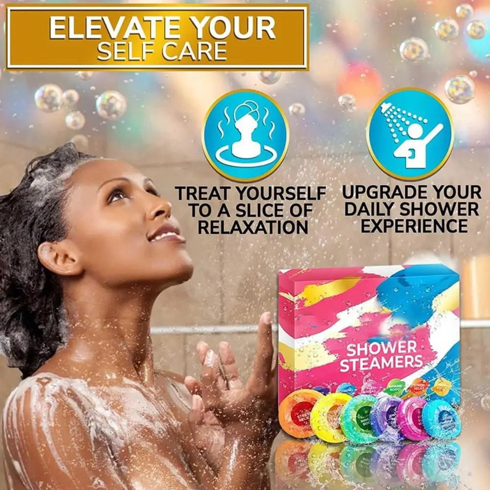 A six-pack of shower aromatherapy tablets with relaxing scents such as lavender, eucalyptus, and peppermint to create a home spa experience and offer deep relaxation.