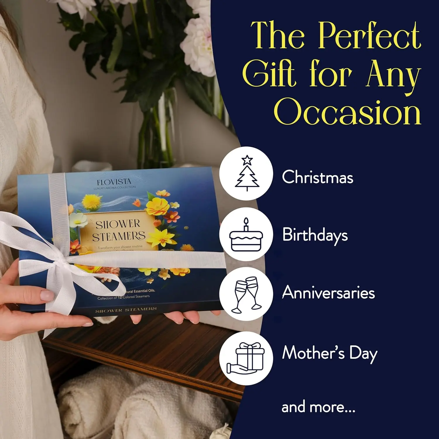 This image shows a beautifully packaged 12-pack of Flovista shower steamers with lavender and eucalyptus essential oils, perfect as relaxing spa gifts for women.