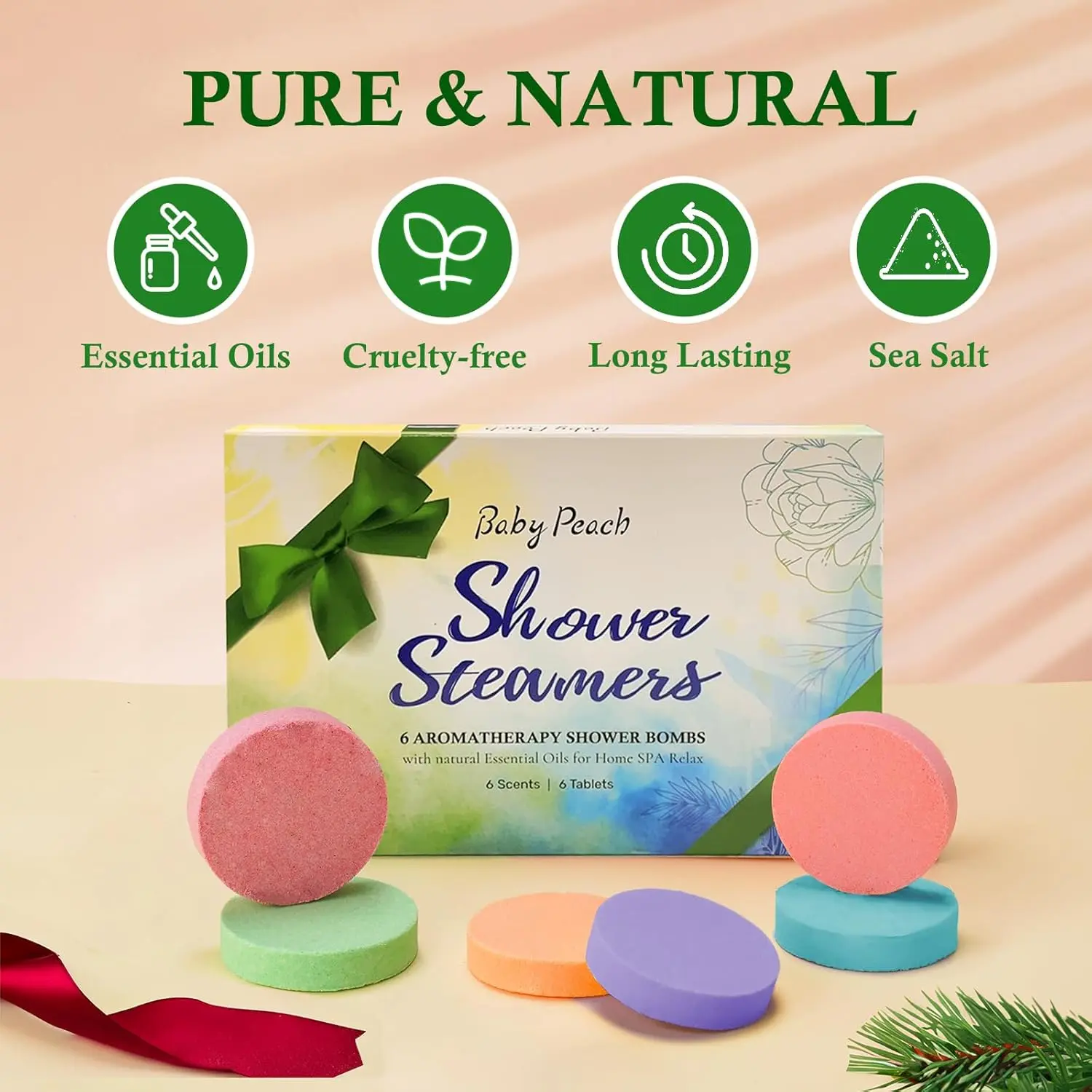 Six natural shower steamers aromatherapy tablets with essential oils for a relaxing spa experience at home.