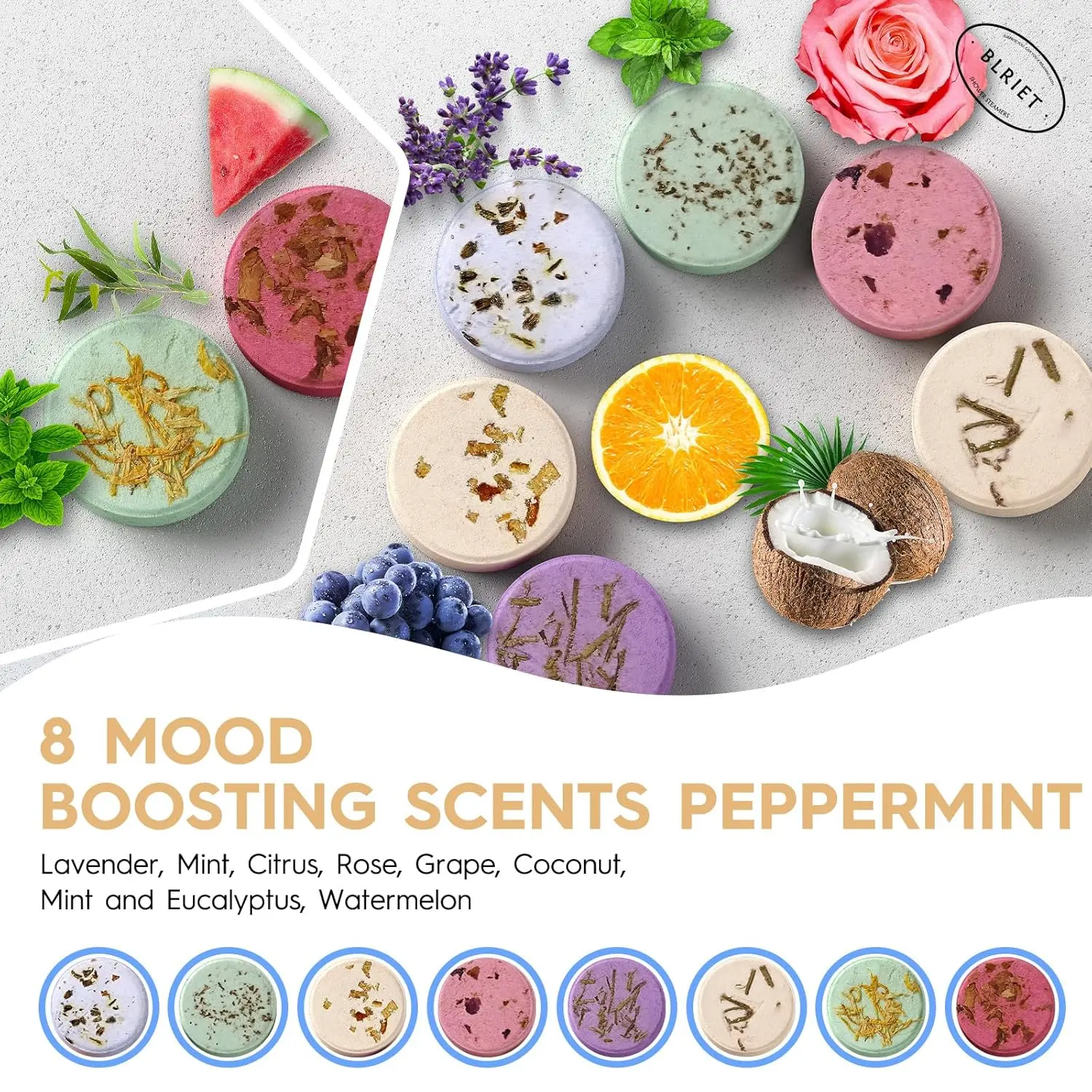 This image shows an 8-pack of aromatherapy shower steamers in a beautifully designed package, perfect as a gift for women who enjoy a relaxing and natural spa experience.